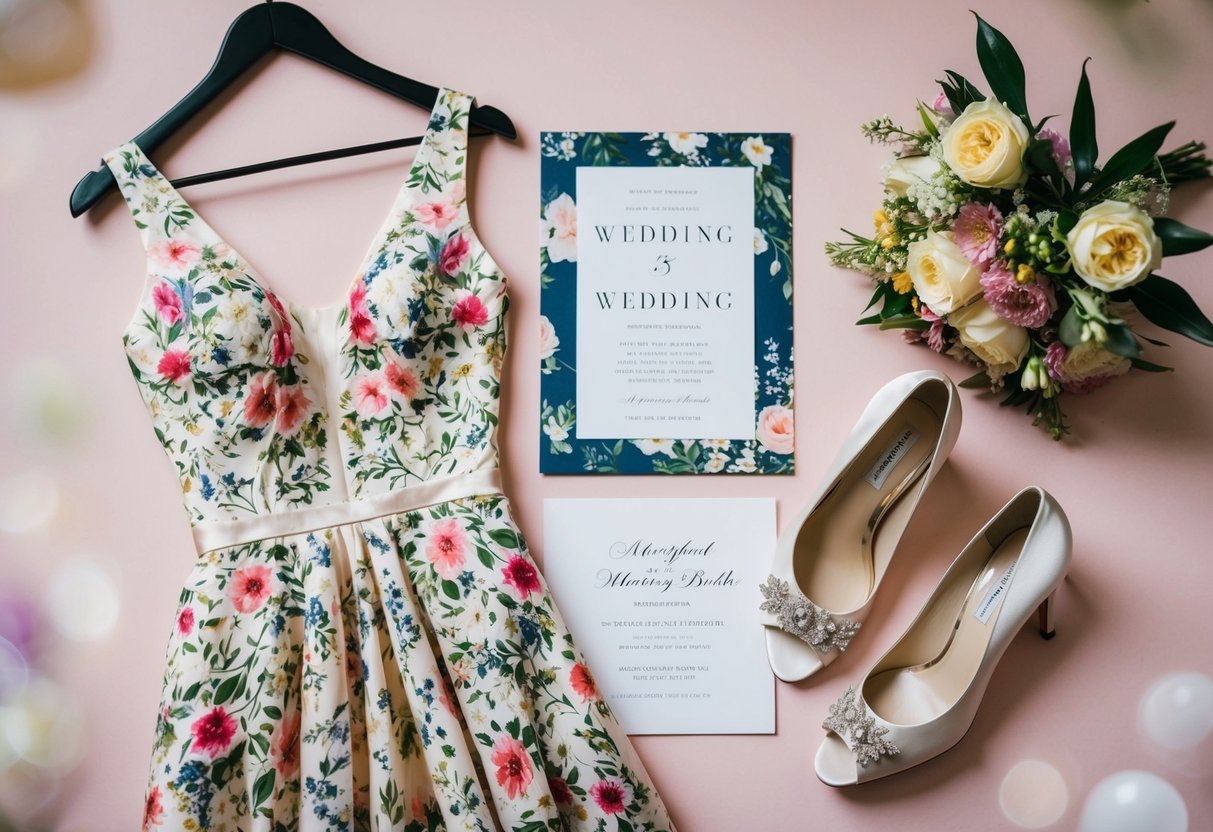 A floral dress hangs on a hanger next to a pair of elegant heels, set against a backdrop of a wedding invitation and a bouquet of flowers