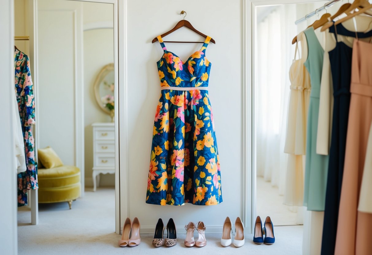 A colorful floral dress hanging on a hanger, surrounded by elegant accessories and shoes, in a bright and airy dressing room