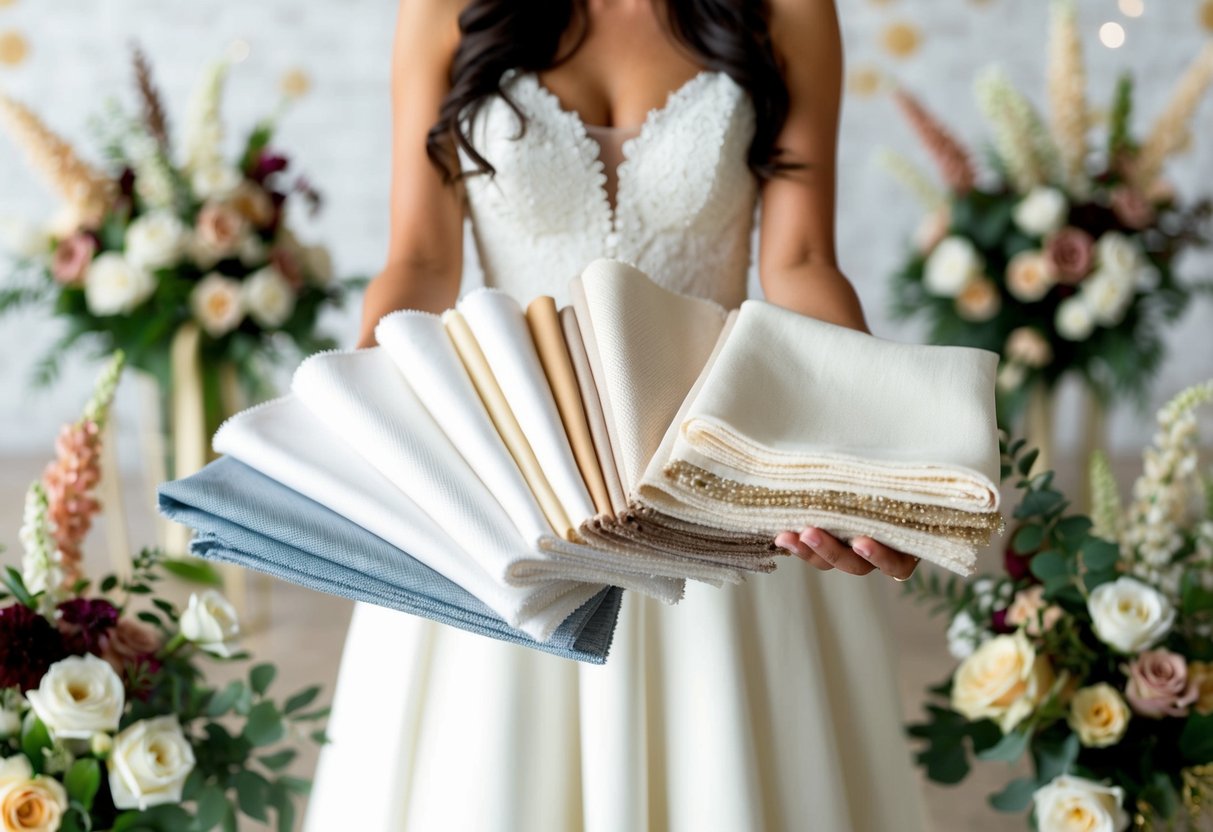 A bride holding swatches of fabric in various shades of white, cream, and ivory, surrounded by floral arrangements and decor in complementary colors