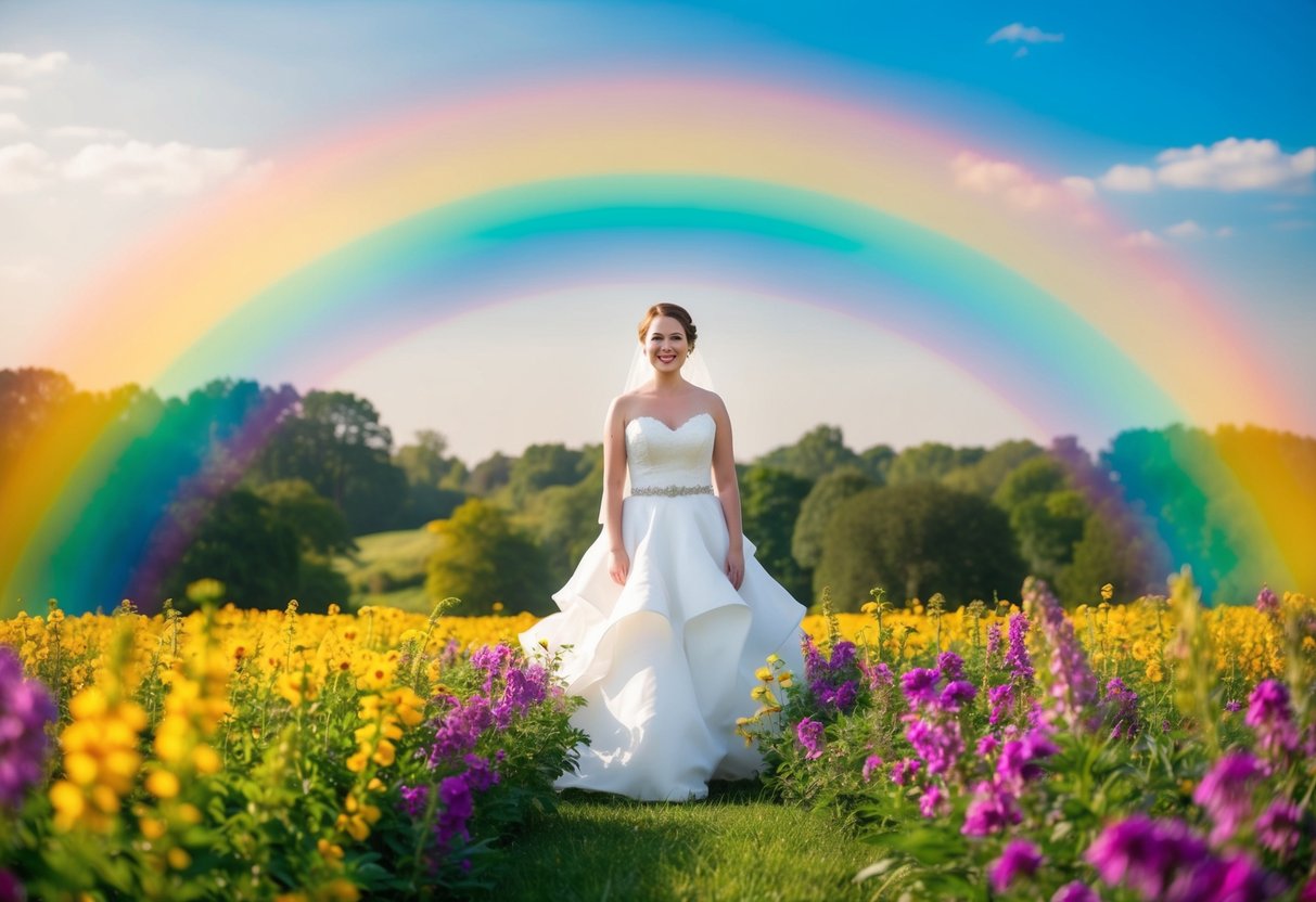 A bride standing in a field of vibrant, blooming flowers, surrounded by a rainbow of colors symbolizing love, happiness, and new beginnings