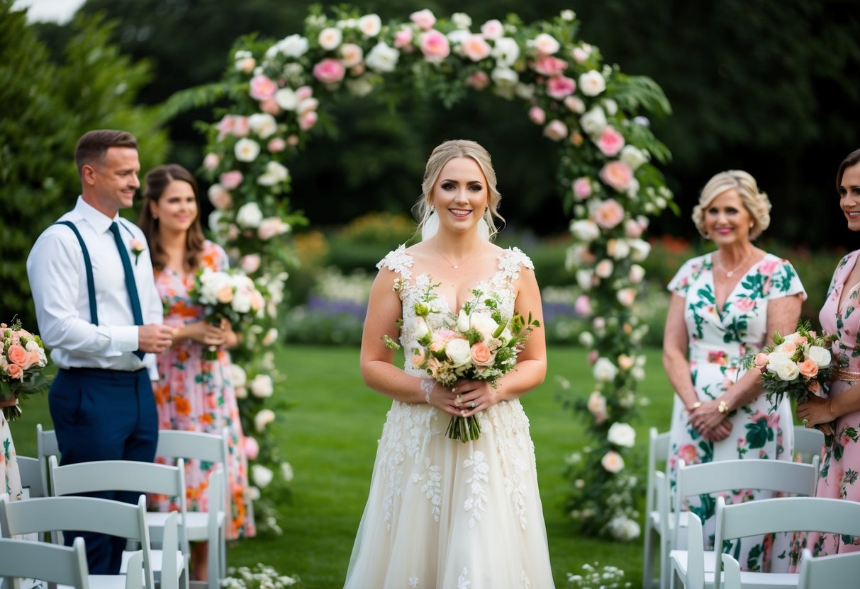 A garden wedding with floral decor, a bride in a flower-adorned dress, and guests in floral attire