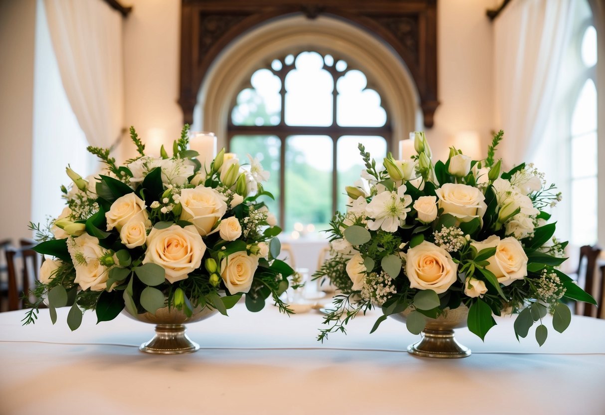 A traditional English wedding scene with two elegant floral arrangements for the mothers of the bride and groom
