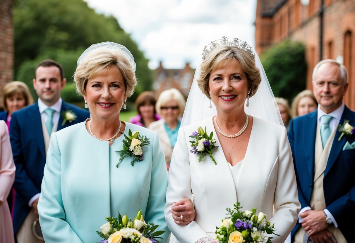 A traditional UK wedding scene with mothers of the bride and groom wearing flowers in their outfits