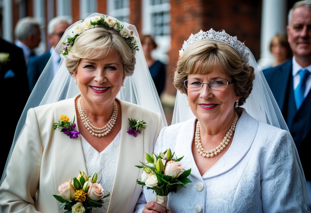 Mothers of the bride and groom in the UK wearing traditional attire with flowers as accessories