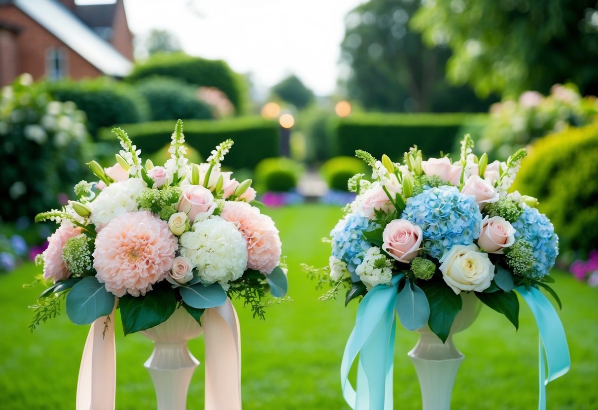 A garden scene with two floral arrangements, one in pale pink and the other in pale blue, symbolizing the mothers of the bride and groom at a wedding in the UK