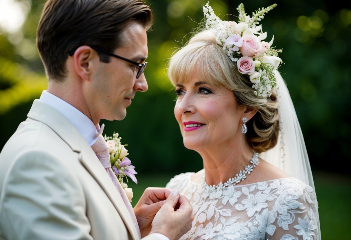 A mother of the bride and groom in the UK carefully selects and wears delicate floral accessories, adding a touch of elegance to her outfit