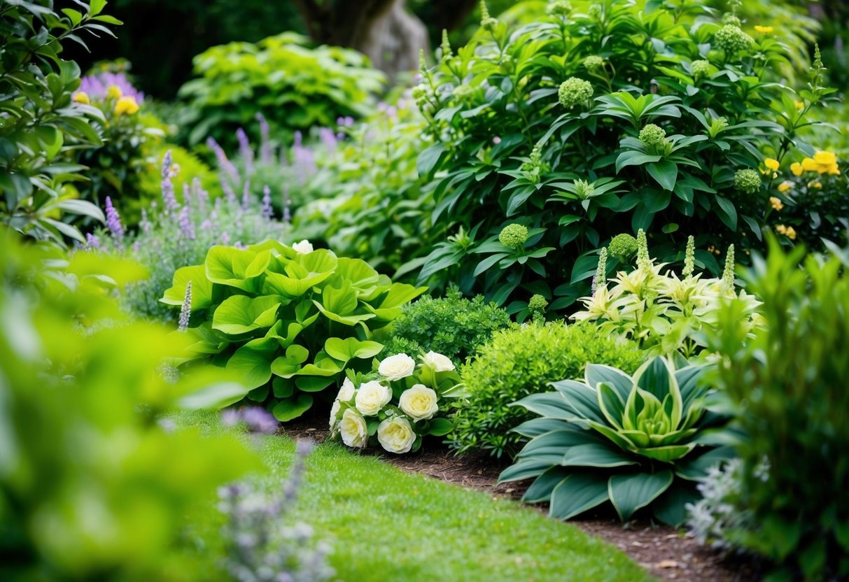 A lush green garden with a variety of vibrant green flowers and foliage, creating a serene and natural backdrop for a wedding