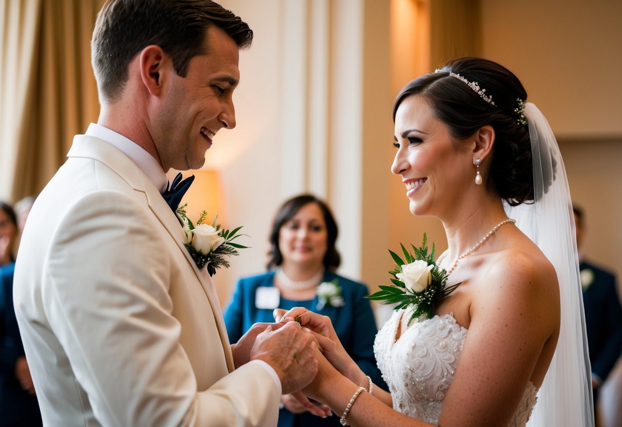 A bride and groom exchanging corsages before their wedding ceremony