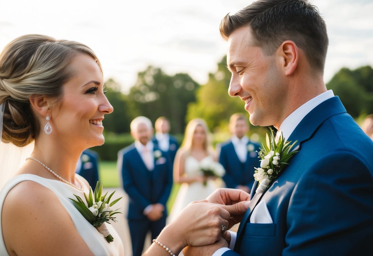 A bride and groom exchange corsages at their wedding, symbolizing love and commitment