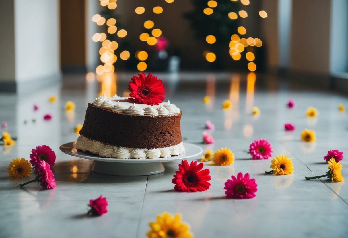 An overturned cake with scattered flowers on the floor