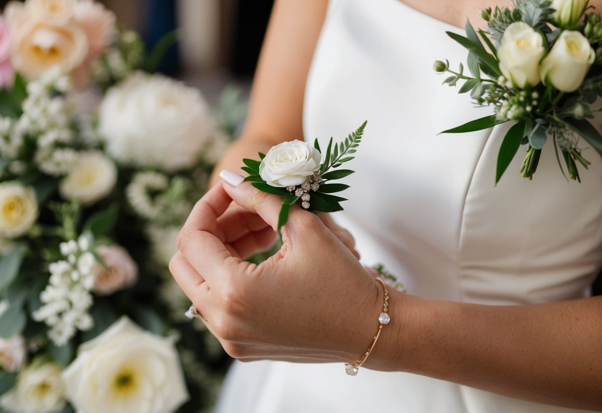 A woman's hand holding a corsage pinned to a dress, surrounded by wedding decor and flowers