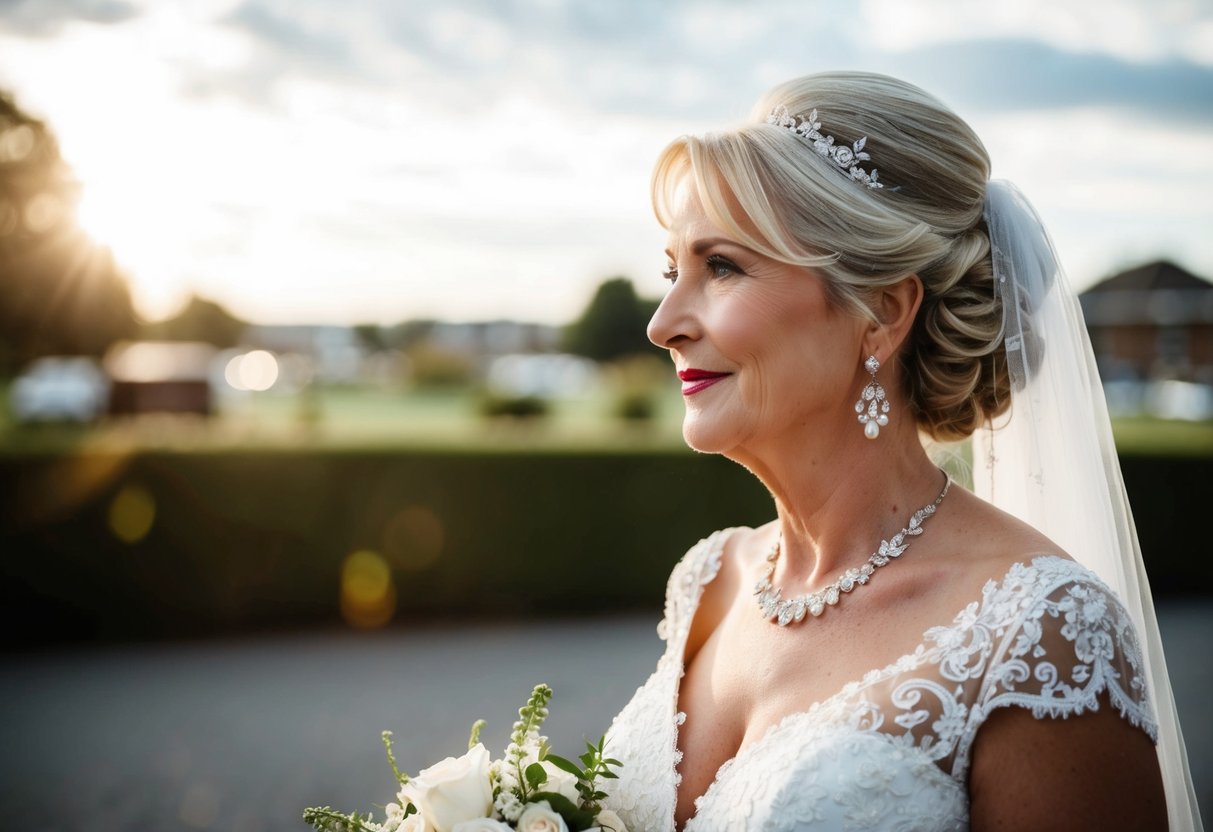 A mother of the bride wearing a white wedding gown