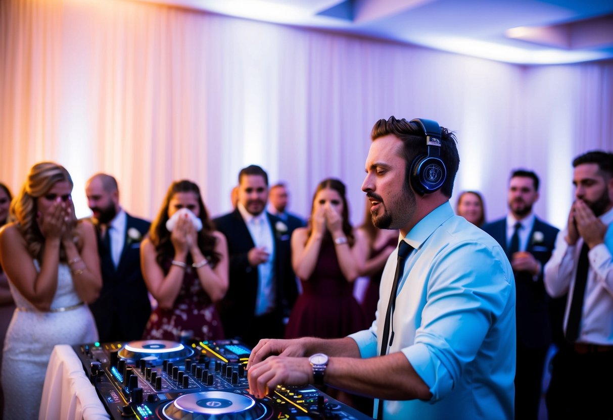 A DJ playing loud, explicit music at a wedding, while guests cringe and cover their ears