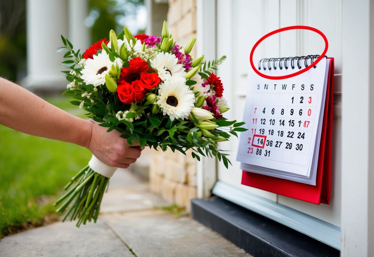 A bouquet of flowers being delivered to a doorstep with a calendar showing the date of the wedding circled in red