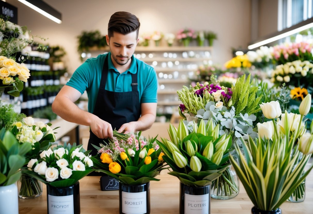 A florist carefully arranging bouquets in a shop, with various types of flowers and greenery on display