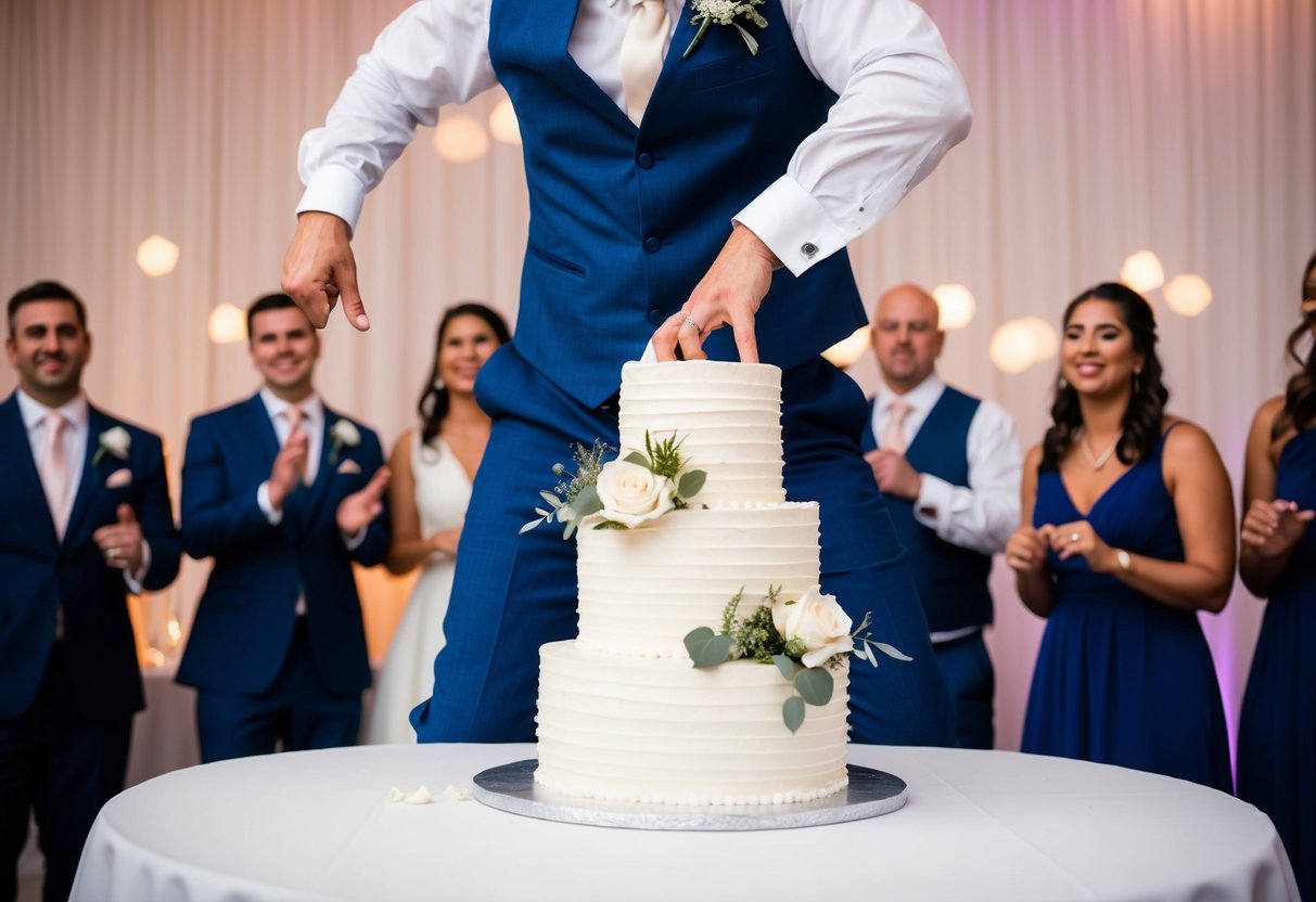 A groom knocking over the wedding cake while trying to impress guests with a dance move