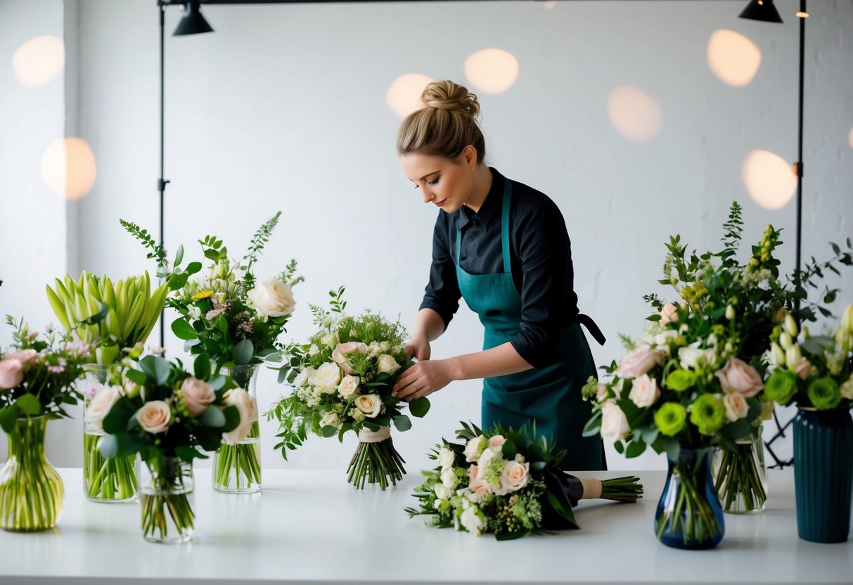 A florist arranging bouquets in a well-lit studio, surrounded by vases of fresh flowers and greenery, preparing for a wedding