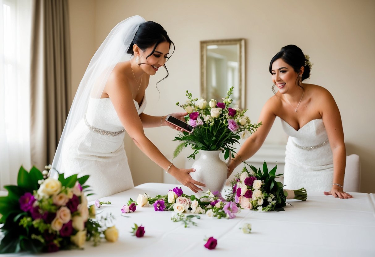 A bride knocking over a vase while reaching for her phone, scattering flowers and causing chaos during pre-wedding preparations