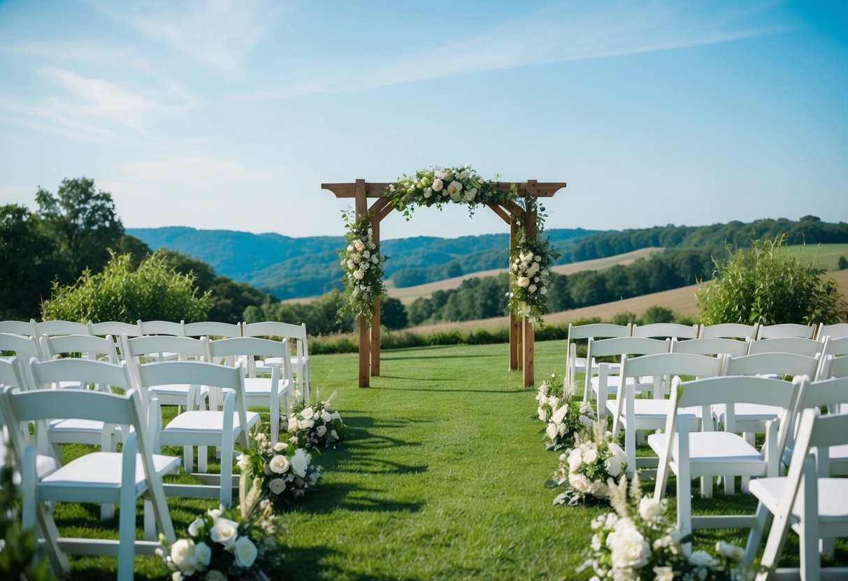 A serene outdoor wedding ceremony with lush greenery, a wooden arch, and a beautiful view of rolling hills and a clear blue sky