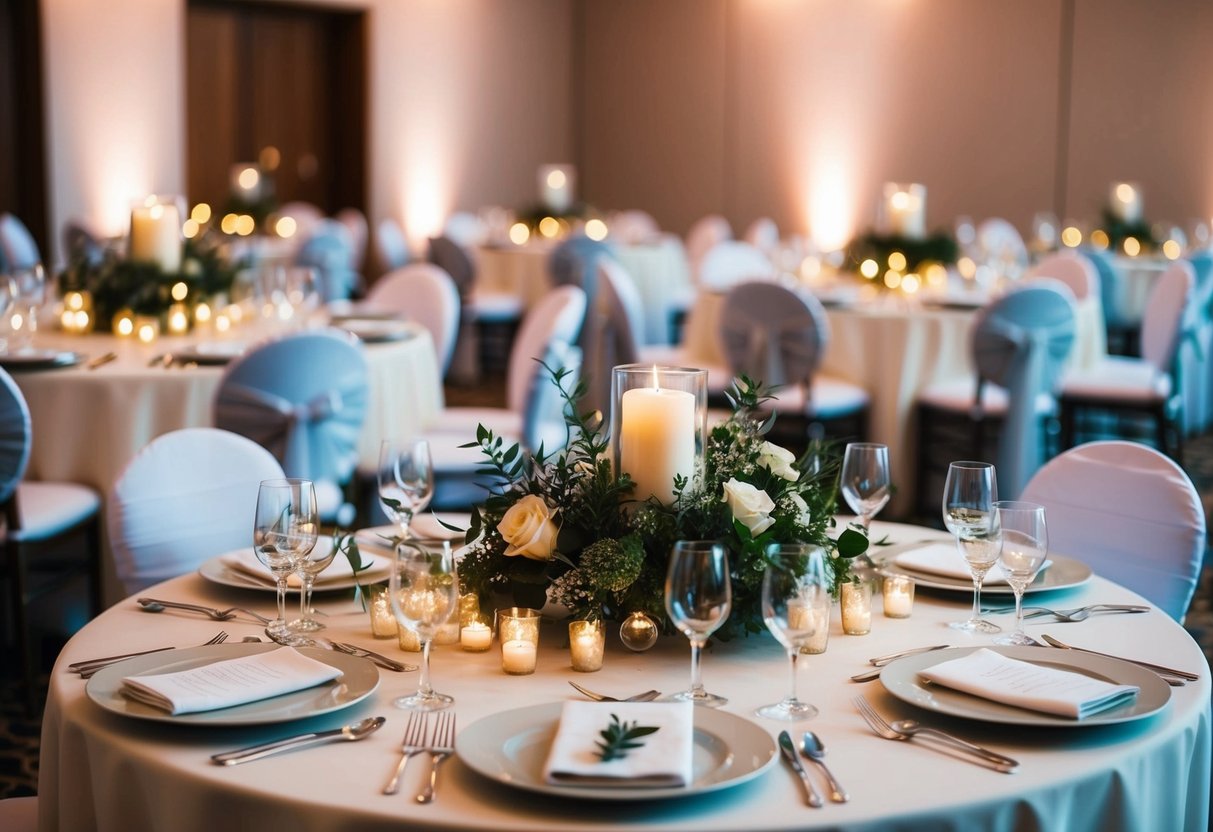 A wedding reception with no flowers: tables set with elegant place settings, centerpieces of candles and greenery, soft lighting creating a romantic atmosphere