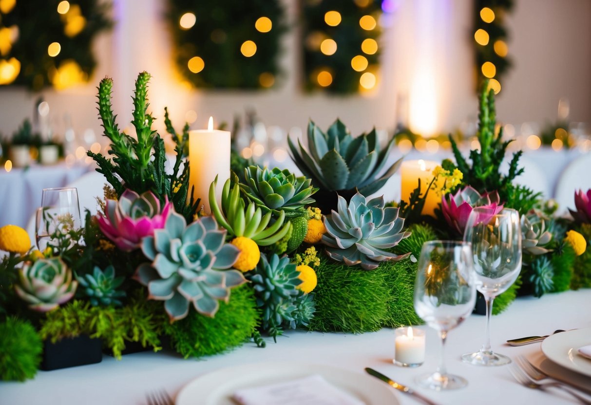 A wedding reception with vibrant, non-floral centerpieces and decor, featuring succulents, greenery, and unique, modern elements