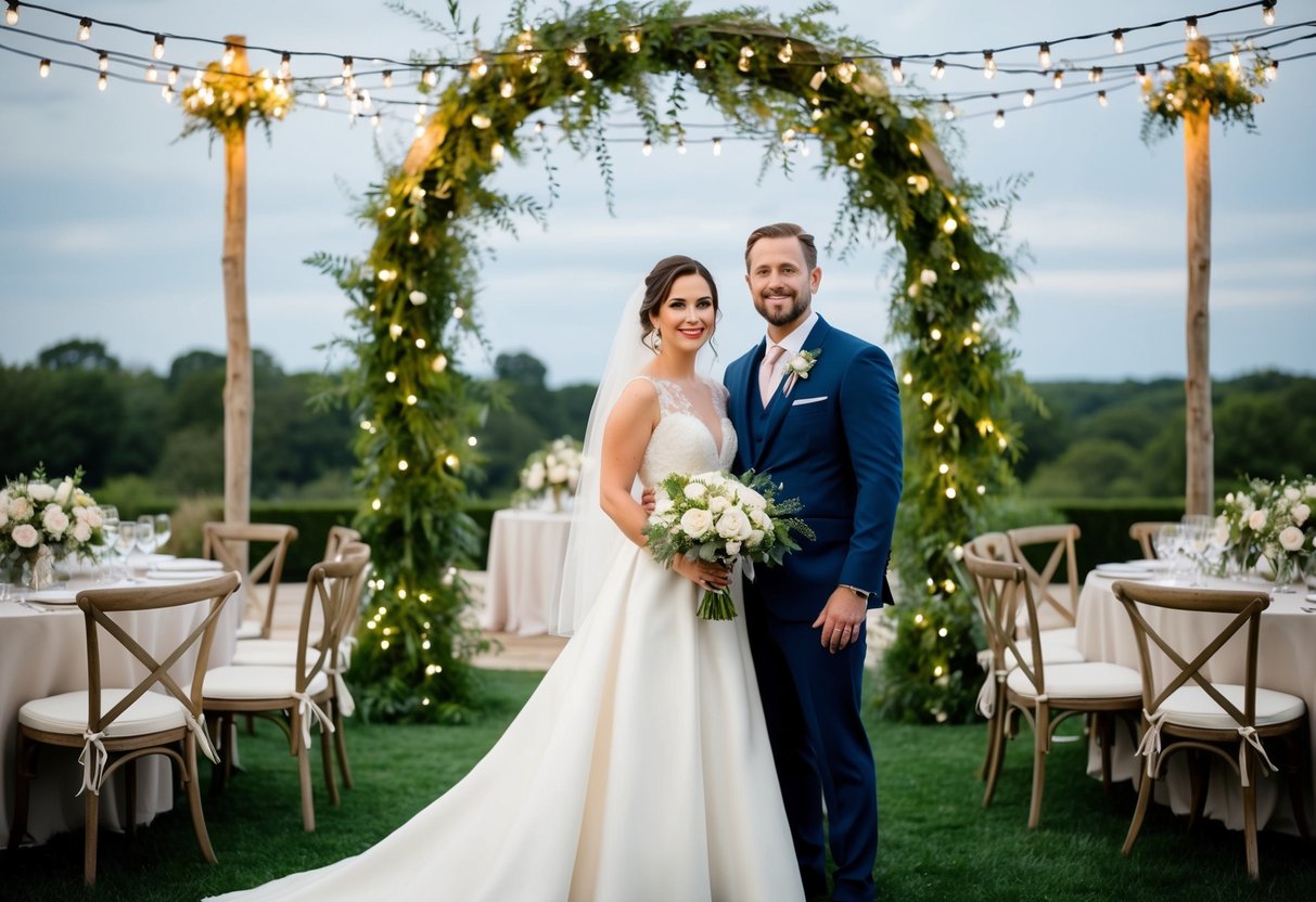 A bride and groom stand in front of an elegant wedding arch adorned with greenery and twinkling lights, surrounded by tables set with floral centerpieces