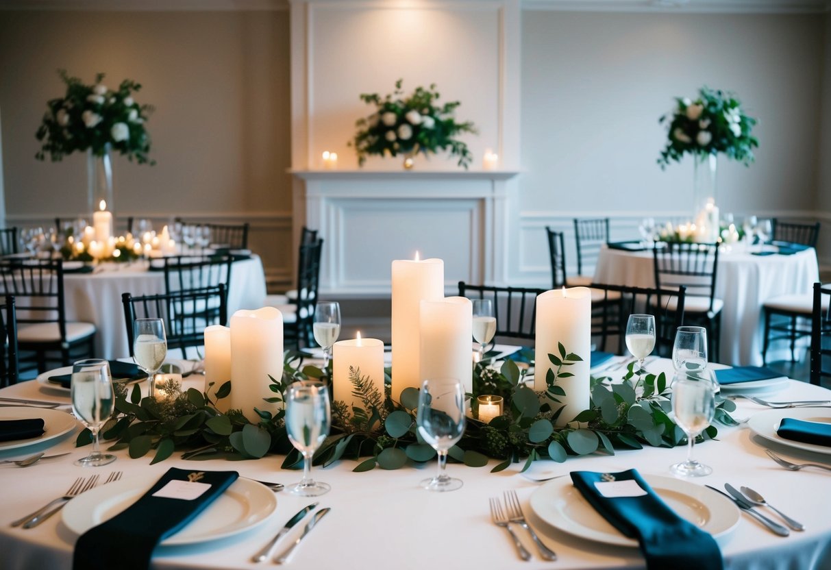 A wedding reception hall with elegant table settings, featuring centerpieces of candles, greenery, and minimalist decor, creating a sophisticated and flower-free ambiance