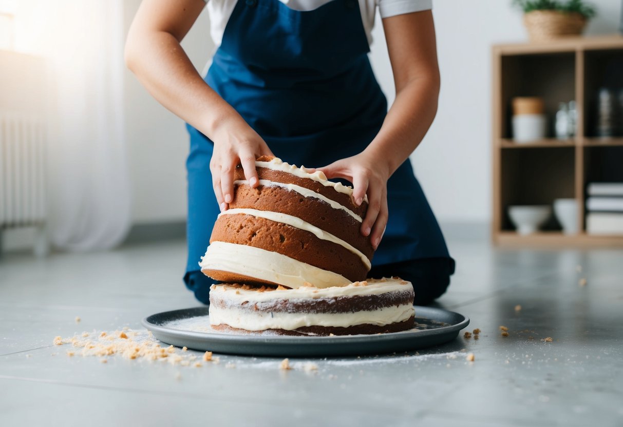 A cake collapsing on the floor as the baker frantically tries to salvage it