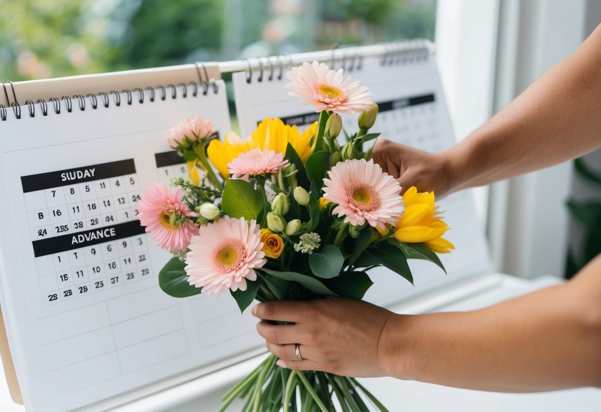 A hand arranging fresh flowers into a bouquet, with a calendar showing multiple days in advance