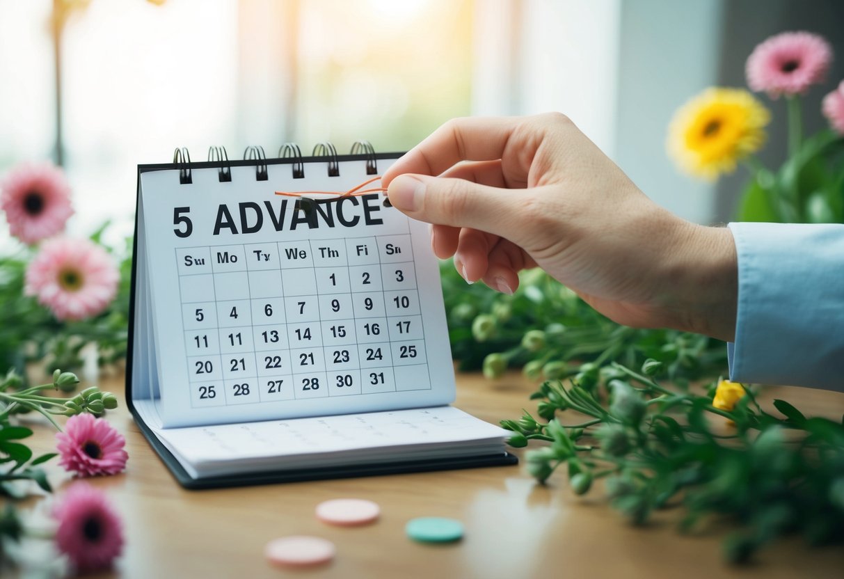 A hand reaching for a calendar, circling a date 5 days in advance. Flowers and greenery scattered around the table