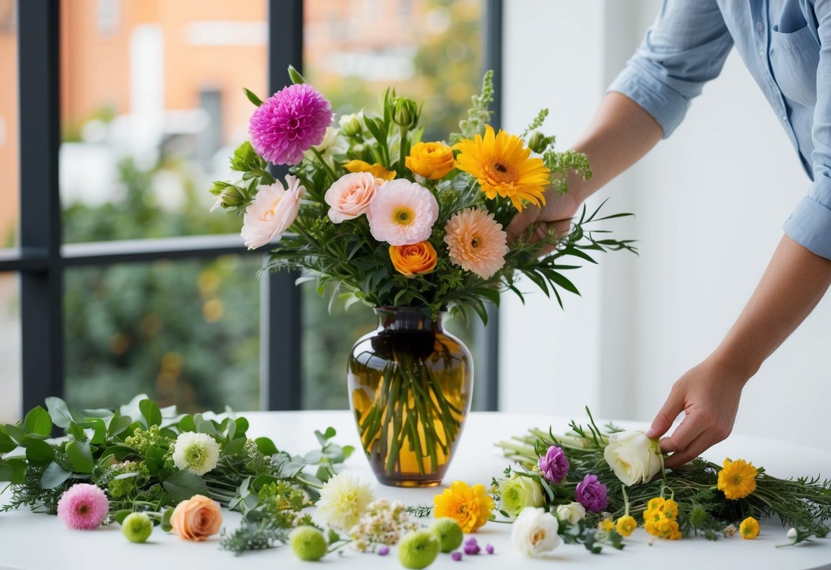 A hand arranging flowers in a vase, with various blooms and greenery spread out on a table