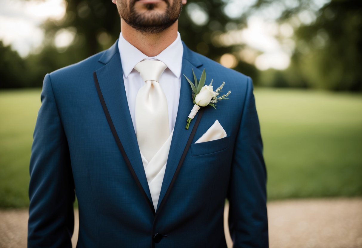 A groom's suit jacket with a white buttonhole