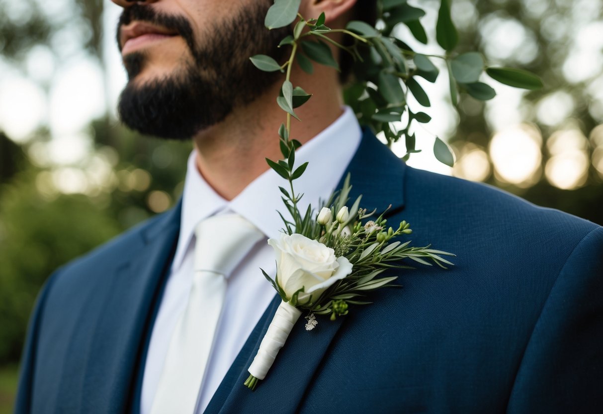 A groom's lapel with a white buttonhole, surrounded by greenery and other floral accents