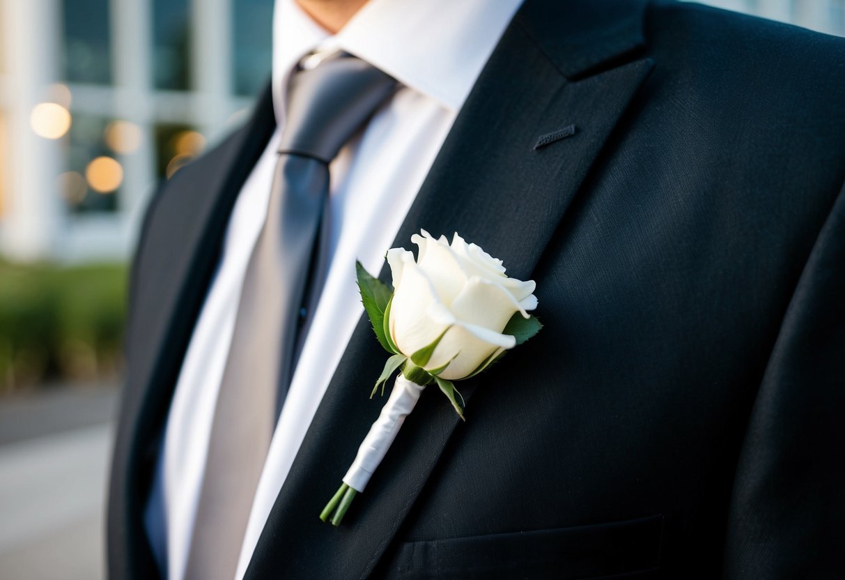 A groom's lapel with a white rose buttonhole against a black suit