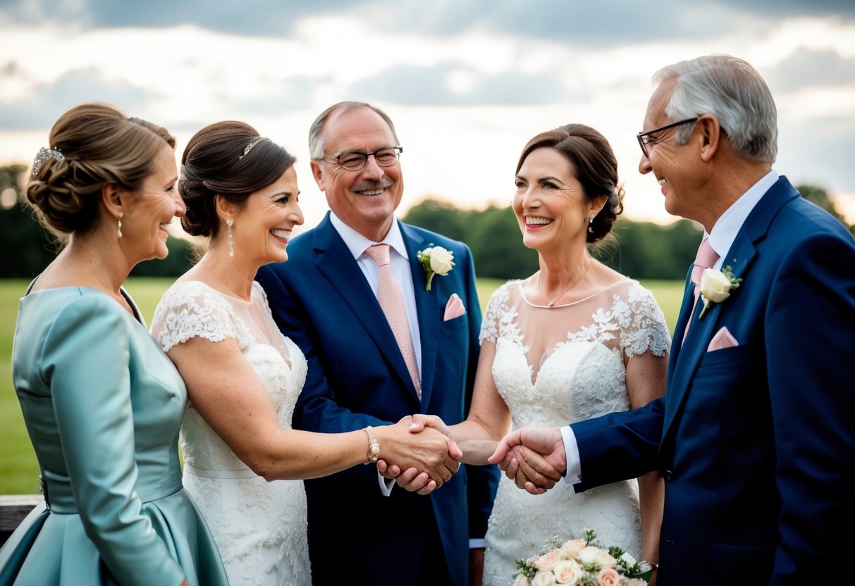 Parents of the bride standing together, smiling and offering congratulations, with the mother possibly embracing her daughter and the father shaking hands with the groom's parents