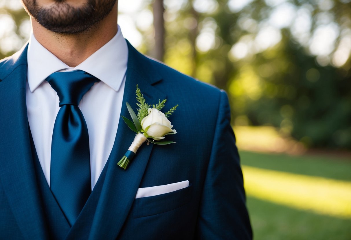 A groom's suit jacket with a buttonhole on the lapel, possibly in a contrasting color