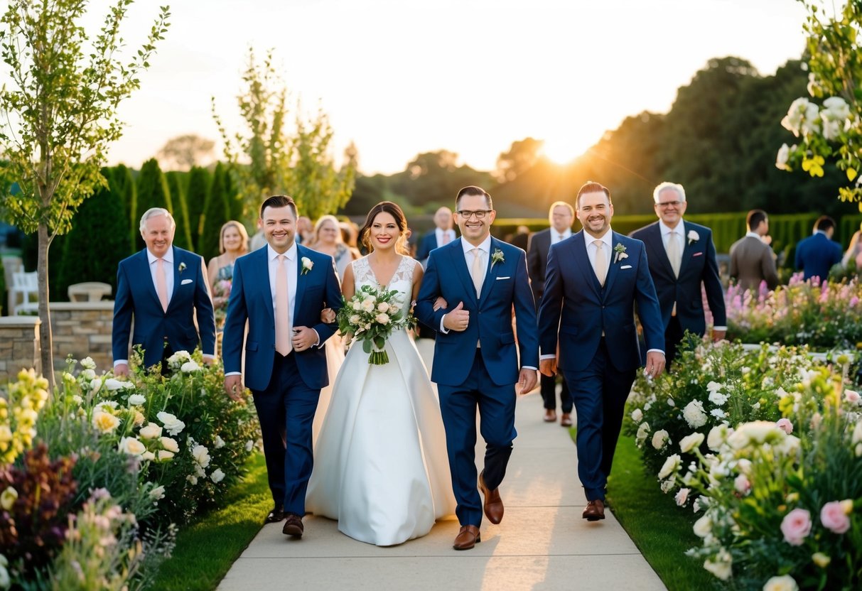 Guests arrive at a wedding, walking up a path lined with blooming flowers and lush greenery. The sun is setting, casting a warm glow over the venue