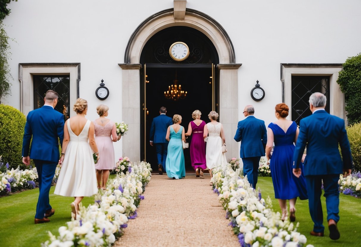 Guests arriving at a wedding venue, walking up a path lined with flowers and entering through ornate doors. A clock on the wall shows the time