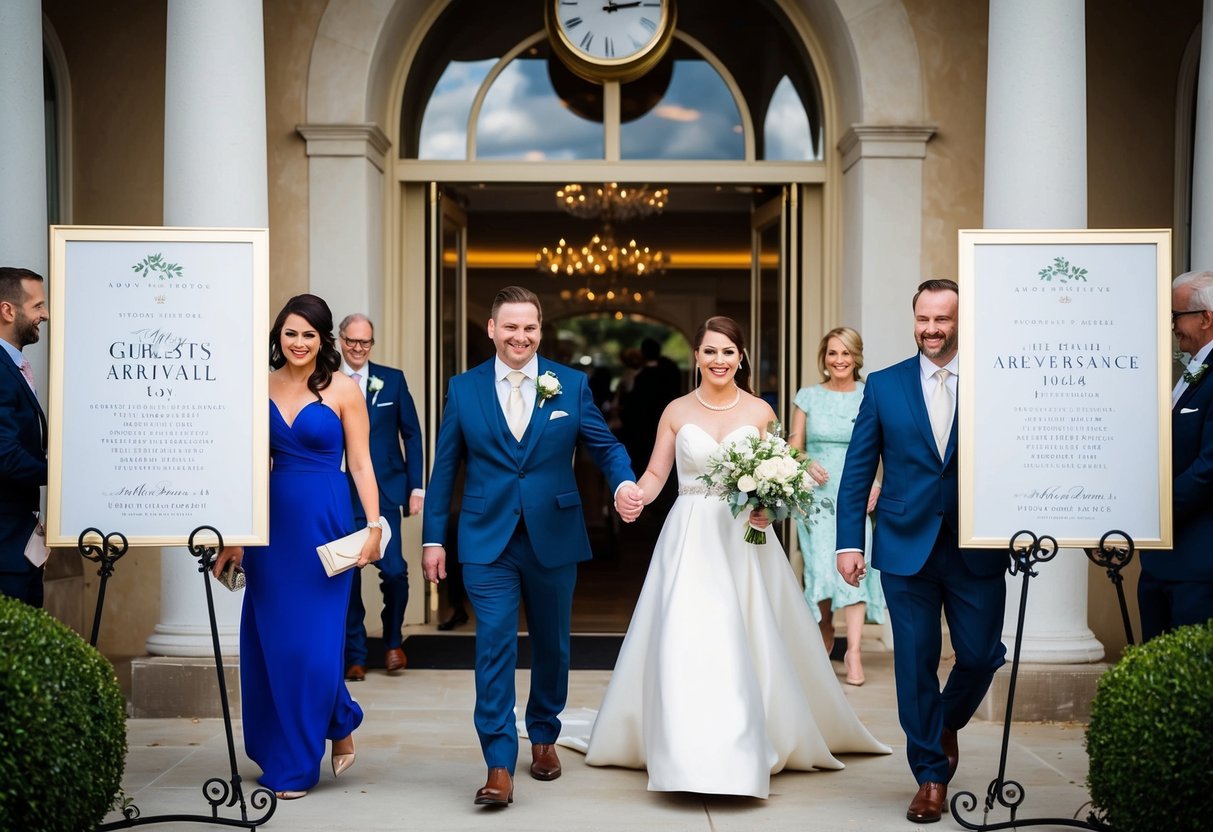 Guests arriving at a wedding venue, greeted by a grand entrance with elegant invitations displayed. A clock showing the suggested arrival time in the background
