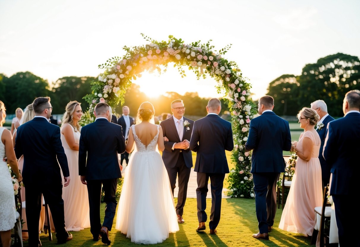 Guests arrive at a wedding venue, mingling outside under a floral archway. The sun is setting, casting a warm glow over the scene