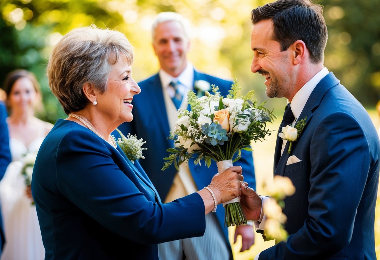 A mother of the groom receiving a bouquet from the bride, with a warm embrace and smiles exchanged between them