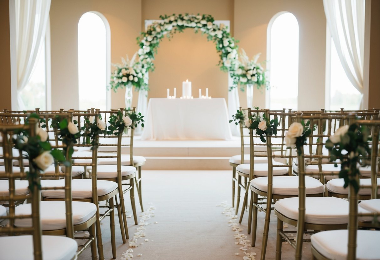 A beautifully decorated wedding venue with empty chairs and an altar, suggesting absence of guests