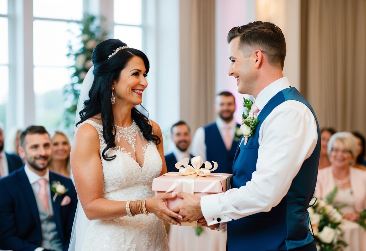 The mother of the groom presents a beautifully wrapped gift to the bride and groom at the wedding reception