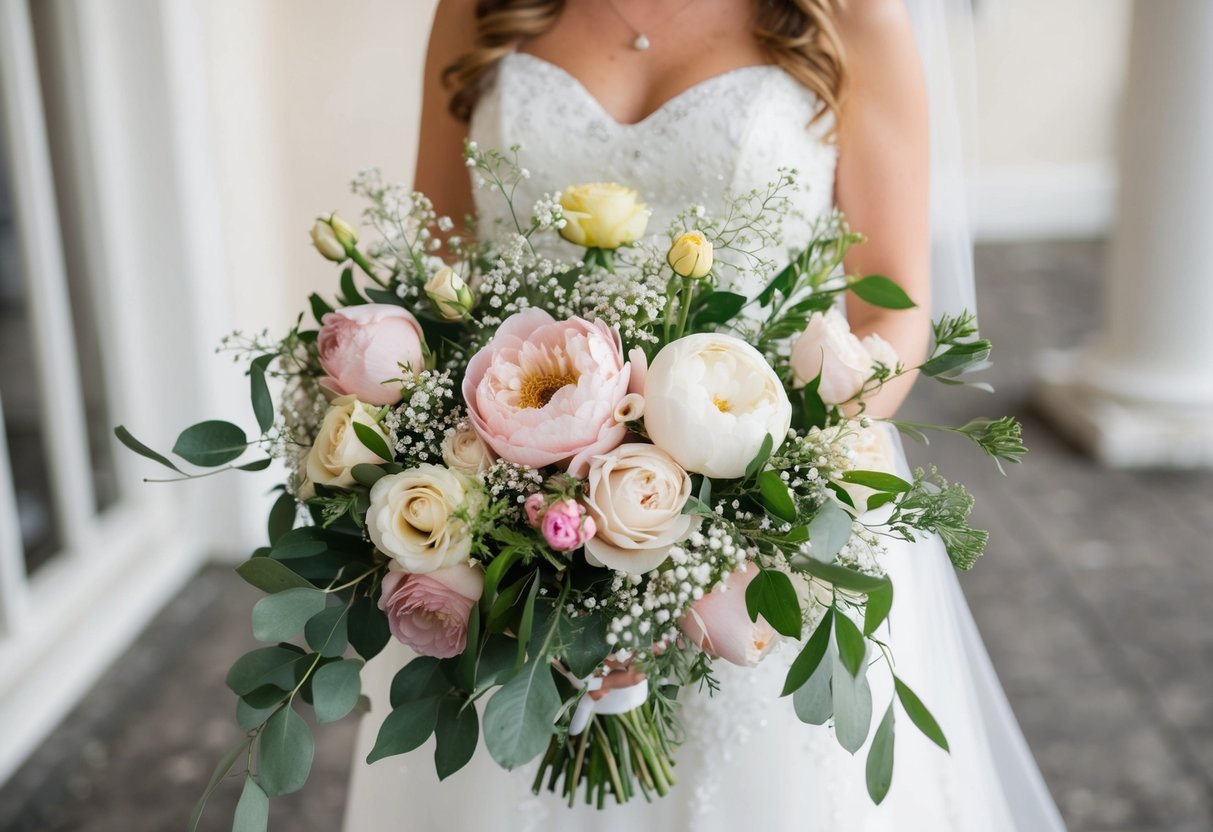 A bridal bouquet with a variety of flowers, including roses, peonies, and baby's breath, arranged in a cascading style