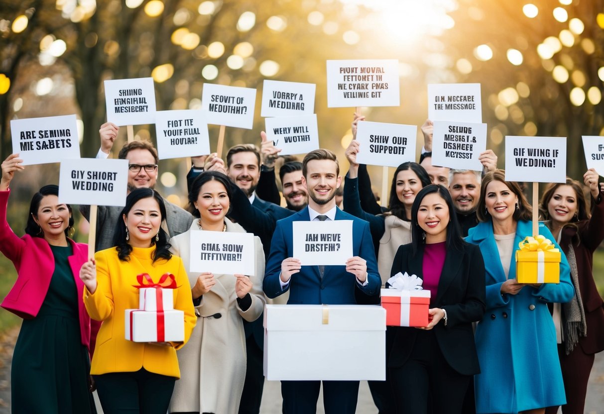 A group of people holding signs, sending virtual messages, and giving gifts to show support for a wedding