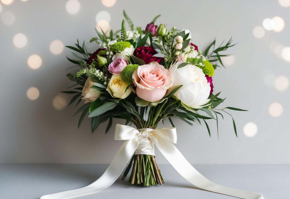 A bridal bouquet with a variety of flowers, including roses, peonies, and greenery, tied together with a satin ribbon