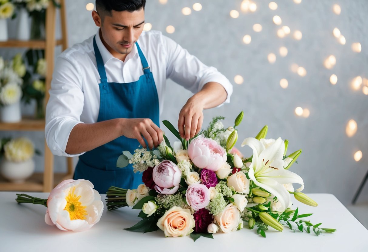 A florist arranging a bridal bouquet with various flowers, including roses, peonies, and lilies, in a studio filled with natural light