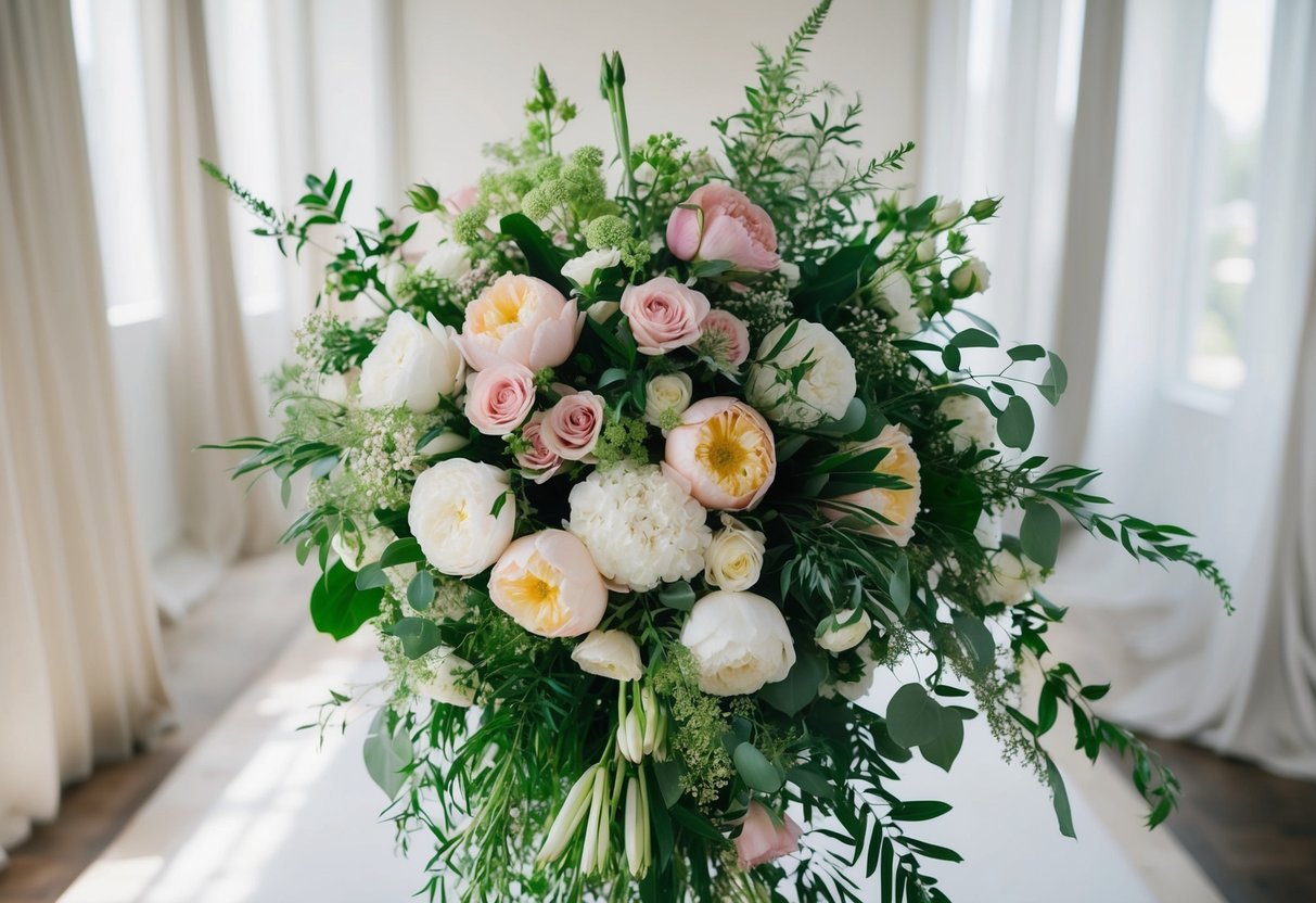 A lush, cascading bridal bouquet overflowing with a variety of flowers, including roses, peonies, and greenery