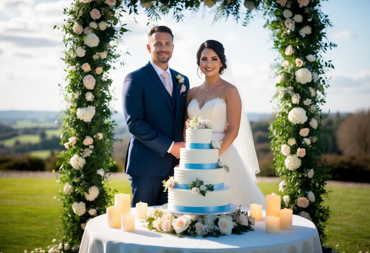 A bride and groom standing in front of a tiered wedding cake, surrounded by flowers and candles, with a scenic outdoor backdrop