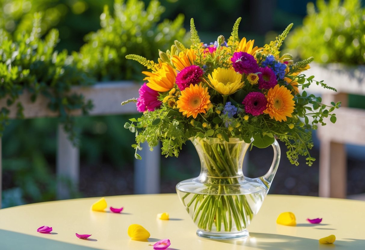 A colorful bouquet sits in a glass vase on a sunlit table, surrounded by greenery and petals